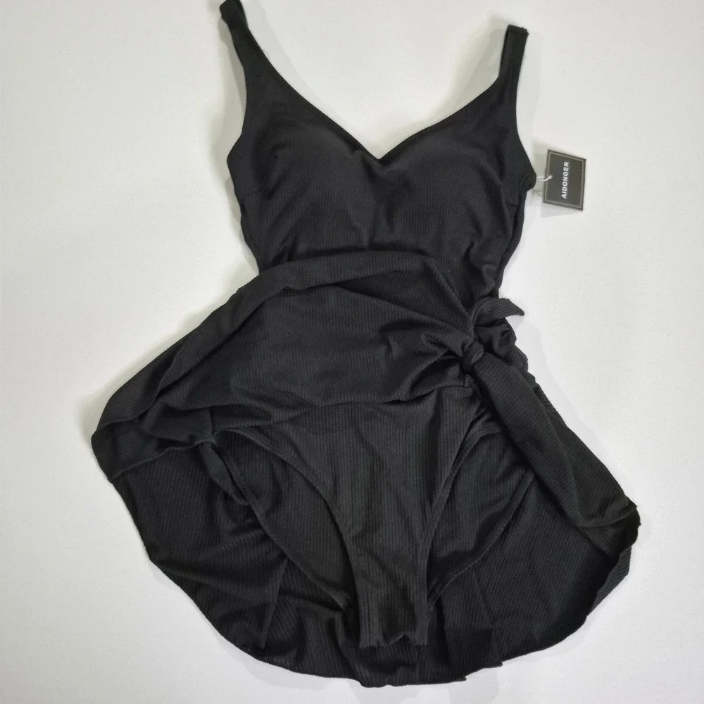 Aidonger Womens Black Ribbed One Piece Swim Dress V-Neck Side Tie Swimsuit Small